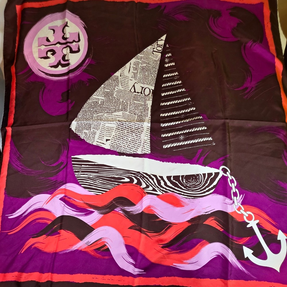 Tory Burch Sailboat Newsprint Brown Purple Silk Scarf 35"x35" Square Nautical